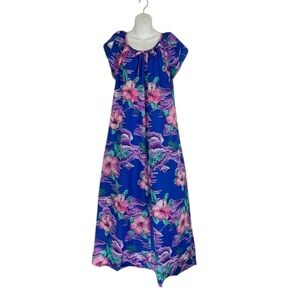 Vintage Blue Floral Maxi  Hawaiian Hibiscus Print Muumuu Kaftan Dress Large